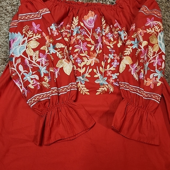 FREE PEOPLE DRESS SHIRT EMBROIDERED FLOWERS RED S/P - Picture 4 of 9
